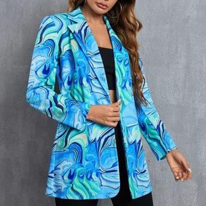 Kadınlar Suits Blazers Mavi Baskı Blazer Kadınlar İçin Günlük Ceketler Uzun Kollu Tek Boyun Kış Kıyafetleri Kadın Ofis Formal Bu