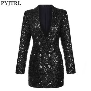 PYJTRL Fashion Women Shawl Lapel Shiny Sequins Suit Jacket Female Double-breasted Long Coat Slim Fit Blazers Autumn Clothes 210930