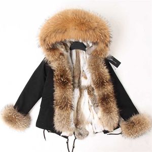 Maomaokong Donna Corto Parka Giacca invernale lunga Parka Cappotto in vera pelliccia Cappuccio naturale Fodera in coniglio Capispalla 211124