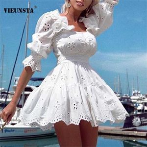 Women Square Collar Ruffle Cotton Dress Spring Solid Embroidery Hollow Out Party Autumn Half Sleeve A-Line Short 220210