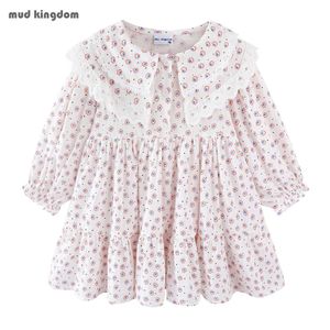 Mudkingdom Girls Vintage Dress Z Kołnierz Koronki Wykończenia Z Długim Rękawem Kwiatowy Drukuj Gilrs Princess Dresses Odzież dziecięca 210615