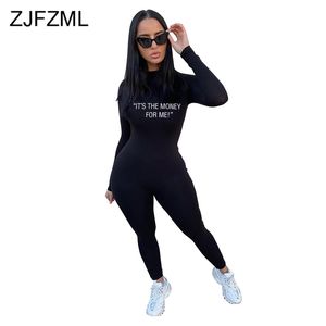 Brev Skriv ut Streetwear Rompers Womens Jumpsuit Mock Neck Full Sleeve Party Club Bodysuit Mode Kvinna Slim One Piece Total 210317