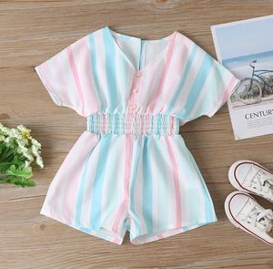 2021 Lato Baby Girls Stripe Romper Dzieci pionowe paski V-Neck Kombinezon Moda Dzieci Krótkie Rękawy Talię Tight One-Piece Onesie S1256