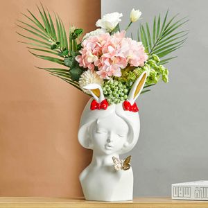 Antlers De Resina Menina Pequeno Estilo Simples Rosto Humano Vaso Decoração Arranjo Quarto Arranjo Secado Flor Home