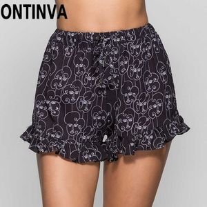 Women Summer Retro Print Floral Chiffon Shorts with Ruffles Trim Beach Vocation Casual Girls Elastic Waist Short Pants 210527