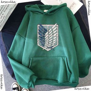 Felpa con cappuccio Anime Attack on Titan Felpa con cappuccio manica lunga Streetwear Felpa Harajuku Donna Felpa con cappuccio sportiva unisex Top verde G1 211108