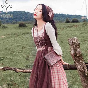 YOSIMI Frühling Sommer Maxi Baumwolle Lange Frauen Kleid Vintage Oansatz Prairie Chic Volle Hülse Knöchel-länge 210604