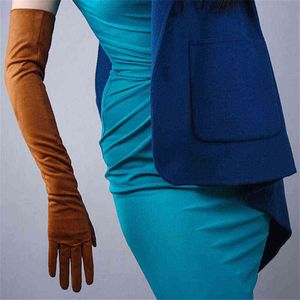 Vijf vingers handschoenen 60 cm Zweed lang bruin karamel scrub slip bont emulatie lederen sectie dames wjp37-60 1124