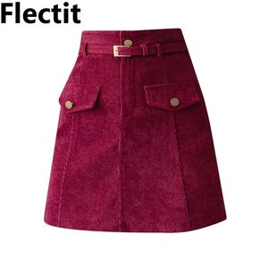 Flectit A- خط مربوط كودري مصغرة تنورة النسائية الشتاء التنانير سميكة مع حزام جيب وهمية * 210310