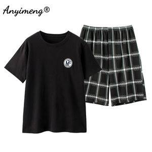 Plus Size Male Pajama Set Summer Shorts Pullover Black Badge Fashion Sleepwear Plaid Bottoms Man's Two Pieces Men Nightwear 210812