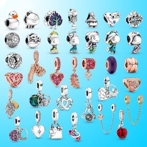 Genuine S925 Sterling Silver Fit Pandora Summer Hindrella Princess Anna Dumbbell and Peach Heart Bead Love Heart Blue Turquoise Charm per bracciale Perline fai da te Charms