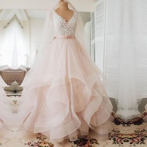 ZJ9207 V Neck Wedding Dresses Ball Gown Blush Pink with Appliques 2021 Sexy Backless Ruffle Tulle Skirt Sleeveless Bride Dress