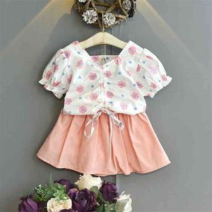 Summer Girls Ruffle Outfits Fashion Korean Little Girls Clothing Set Flower Shirt&skirt 2 Pieces Cute Children Clothes 210715