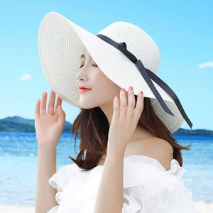 Summer Wide Brim white Straw Big Sun For Women UV Protection Panama floppy Beach Hats Ladies bow hat chapeau femme