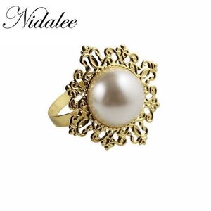 Nidalee Pearl Metal Gold Silver Napkin Ringsの花バルクウェディングブルーキッチンホルダー宴会ディナーダイヤモンドの装飾12ピース210706