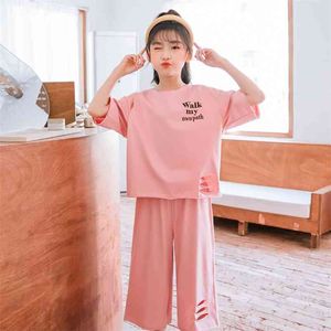 Verão Grande Girls Roupas Conjunto Coreano Crianças Curta Manga Buraco T-shirt + Calças Modal Loose Cool Calças Teen Sport Sets 210622