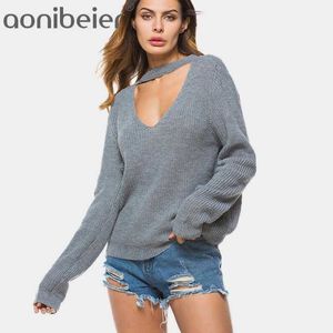 Texture Plunging Tops Loose Long Sleeve Spring Autumn Jumper Cutout Choker Neck Sweaters 210604