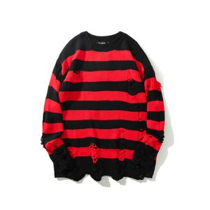 2021 Czarne Czerwone Paski Swetry Umyte Zniszczone Ripped Sweter Mężczyźni Dziur Knit Skoczkowie Mężczyźni Kobiety Oversized Sweter Harajuku Y0907