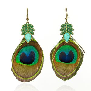 Ethnic Retro Leaves Green Leaf Dangle Earrings Nature Stone Long Tassel Peacock Feather Earring For Women Brincos