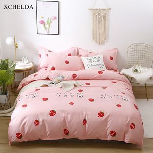 Conjunto de cobertura de edredão Double rainha gêmeo rosa kawaii morango colcha de cama solteiro folha de cama de solteiro 4 pcs conjunto de roupa de cama 210309