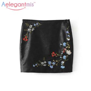 AELEGANTMISスプリングブラック刺繍PUレザースカート女性の花刺繍入りハイウエストレディース緩いショート210607