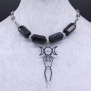 Hänghalsband 2021 Moon Goddess Obsidian rostfritt stål silverfärg choker halsband för kvinnor smycken cadenas mujer nxs04