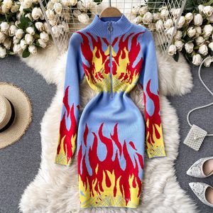 Design Flame Knitted Dress Women Zipper Stand Collar Long Sleeve Slim Dresses Spring Autumn Bodycon Warm Sweater Dress