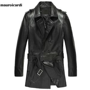 Mauroicardi Autumn Black Pu Leather Trench Coat for Women Long Sleeve Double Breasted Elegant Luxury British Style Fashion 211009