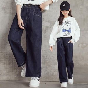 Kot Kızlar Denim Geniş Bacak Pantolon Katı Renk Koyu Mavi Günlük Stil Çocuklar için Koyu Mavi Çocuk Gevşek Sonbahar Çocuk Giysileri 4-14Years