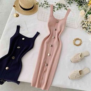 Summer Pink/Red/White/Black Women Knitted Dress Vintage High Waist Button Single-breasted Slim Casual For Female 210623