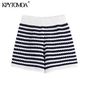 Kpytomoa女性のシックなファッションの縞模様のニットショーツビンテージ高弾性ウエスト女性ショートパンツMujer 210719