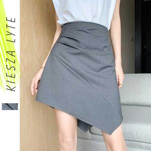 Damen Rock Solid Grey Unregelmäßige Sommer Mode Chic Hohe Taille Eine Linie Mini Good Quarlat 210608