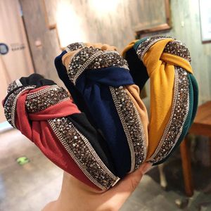 Toptan Şerit Saç Aksesuarları Çocuk Kristal Geniş Head Bandı Moda Kadın Kızlar Patchwork Parlak Saç Çapraz Çapraz Knot Yay Saç Bandı Üst düzey Lady Hediye 1 PC