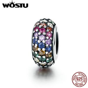 WOSTU Authentic 925 Sterling Silver Colorful Cubic Zircon Pave Rainbow Spacer Beads For Women Original Charm Bracelet CQC583 Q0531