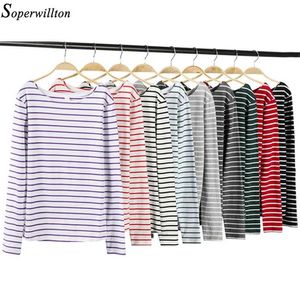 T Shirt Femme Cotton Tshirt Women Long Sleeve Striped T-Shirt Female Tops Tee Autumn Winter Feminina White Black Red T84 211110