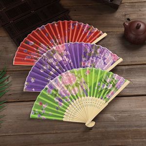 Vintage Bamboo Folding Hand Held Flower Fan för Party Favor Summer Women Girl Dancing Fans