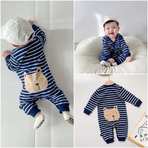 Nowonarodzone chłopcy Romper ins Spring Baby Boys Dziewczęta kreskówka Stripe Printed Done Rleeve Scossuit Cute Infant Casual Bodysuit Onesie S2031