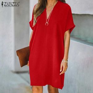 2021 Zanzea Kobiety Dress Summer Fashion Krótki Rękaw Długość Knee Vestidos Casual Solid Ladies Sundress V-Neck Oversized Work Robe Y1006