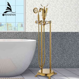 Banheiras Em Pé venda por atacado-Chuveiro de banheiro Torneiras de banheira Faucets de ouro Montado de piso livre Torneira de plataforma de enchimento Torneira para K CKMM