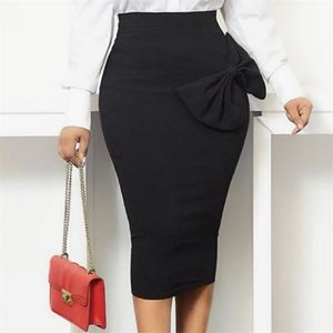 Mulheres Preto Cintura Alta Saídas Bodycon Lápis Escritório Senhoras Big Bowtie Verão Outono Africano Modesto Elegante Retro Jupes Falad Saia 210724