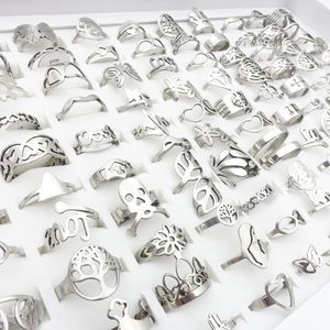 Wholesale 100pcs/Lot Mens Womens Stainless Steel Band Rings Silver Laser Cut Patterns Hollow Carved Flowers Mix Styles Fashion Jewelry Party Gift