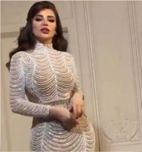 Suknia wieczorowa Kobiety Sukienka Płaszcza Syrenka Perły Z Długim Rękawem Kryształy Wysokiej Neck Kim Kardashian Kylie Jenner