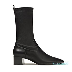 2020 neue mittelhohe Modestiefel im Western-Jugendstil, 100 % Leder, 4,5 cm schwarze Stiefel mit hohen Absätzen und seitlichem Reißverschluss