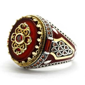 Natural Red Agate Stone Ring for Men Pure Sterling Silver 925 Turkish Handmade King Crown with Gem Rings Luxury Jewelry Gift 211217