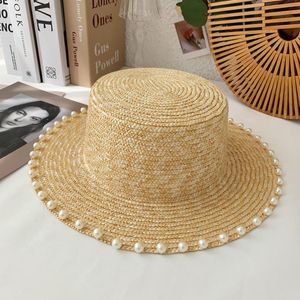 Berets Fashion Summer Women Natural Straw Hat With Pearl Decor Belt Elegant Travel Beach Sunhat Visor Caps Casual Panama Boater