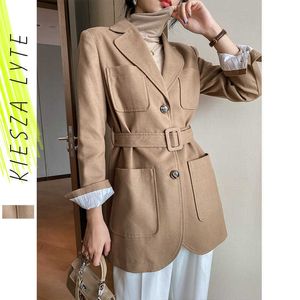 Woollen Blazer For Women's Korean Style Office Lady Fashion Casual Khaki Belted Thickened Suit Jacket Female 210608