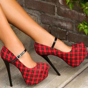 Jurk schoenen shofoo schoenen elegante stijlvolle damesschoenen rode plaid ongeveer cm hoge hakken ronde teen pumps size