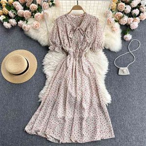 Women Fashion Summer Sweet Lace Bow Collar Wood Ear Slim Short Sleeve Floral Print Chiffon A-line Dress Vestidos S562 210527
