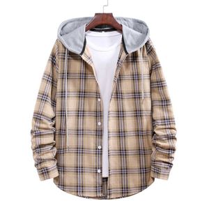 Men's Shirts Long Sleeve Hooded Plaid Shirt Male High Quality Tops Harajuku Khaki Checkered Blouse Couple Clothes 210527