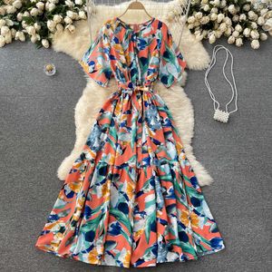 Bohemiska kvinnor tryckt lång klänning sommar rund hals kort ärm hög midja a-line vestidos casual maxi robe kvinnlig 2021 mode y0603